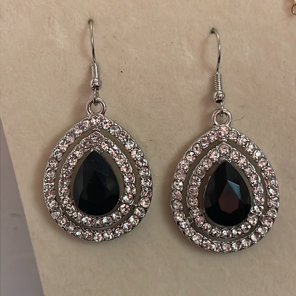 2” silver plated tear drop shaped drop earrings w/50 prong set crystals - Picture 2 of 16